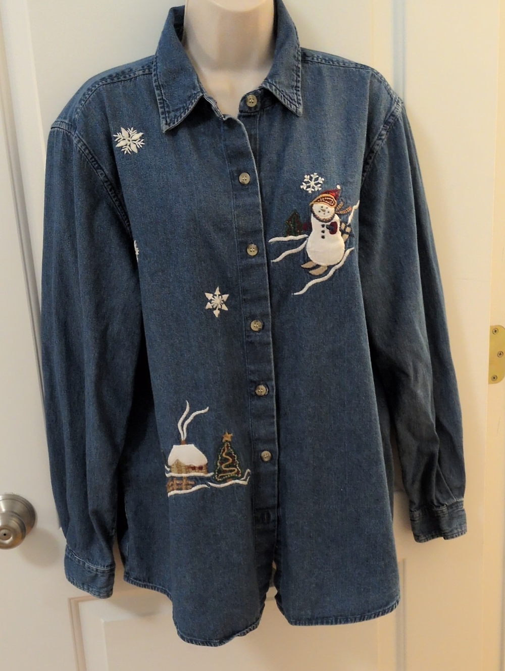 Vintage Cabin Creek Denim Embroidered Snowman Christmas Button Down